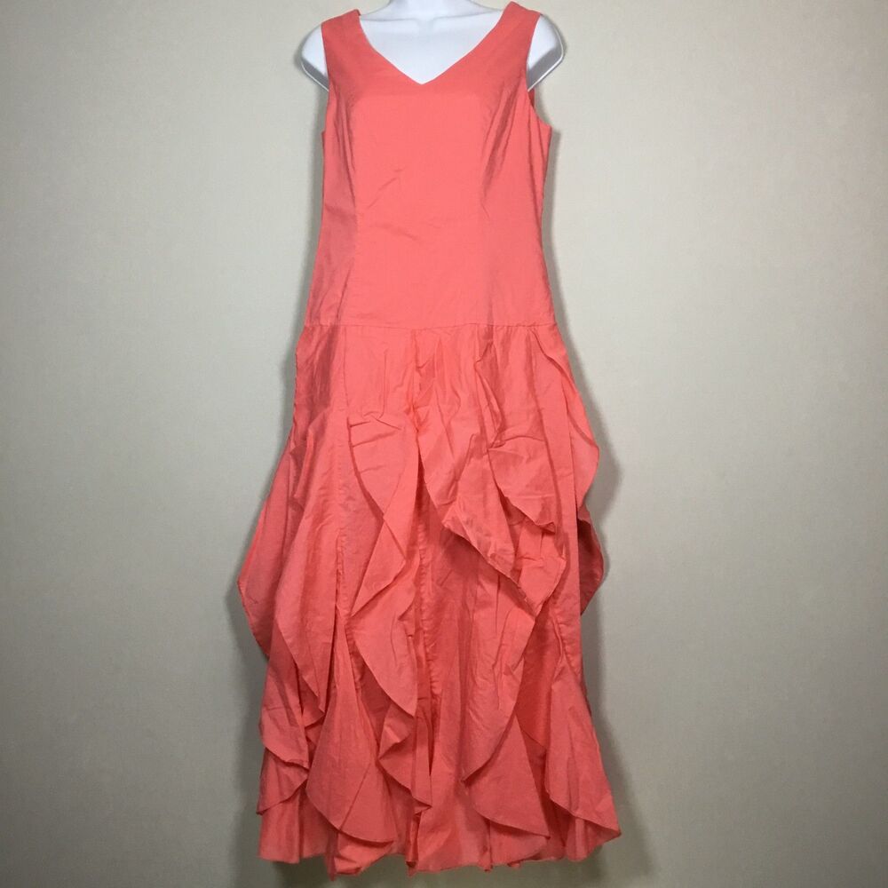 Coral pink cotton maxi sleeveless petal summer dress prom occasion wedding sz8